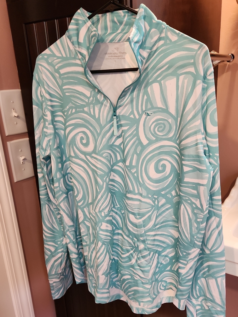 Vineyard Vines Teal & White Swirl Quarter-Zip Pullover Performance Material L
